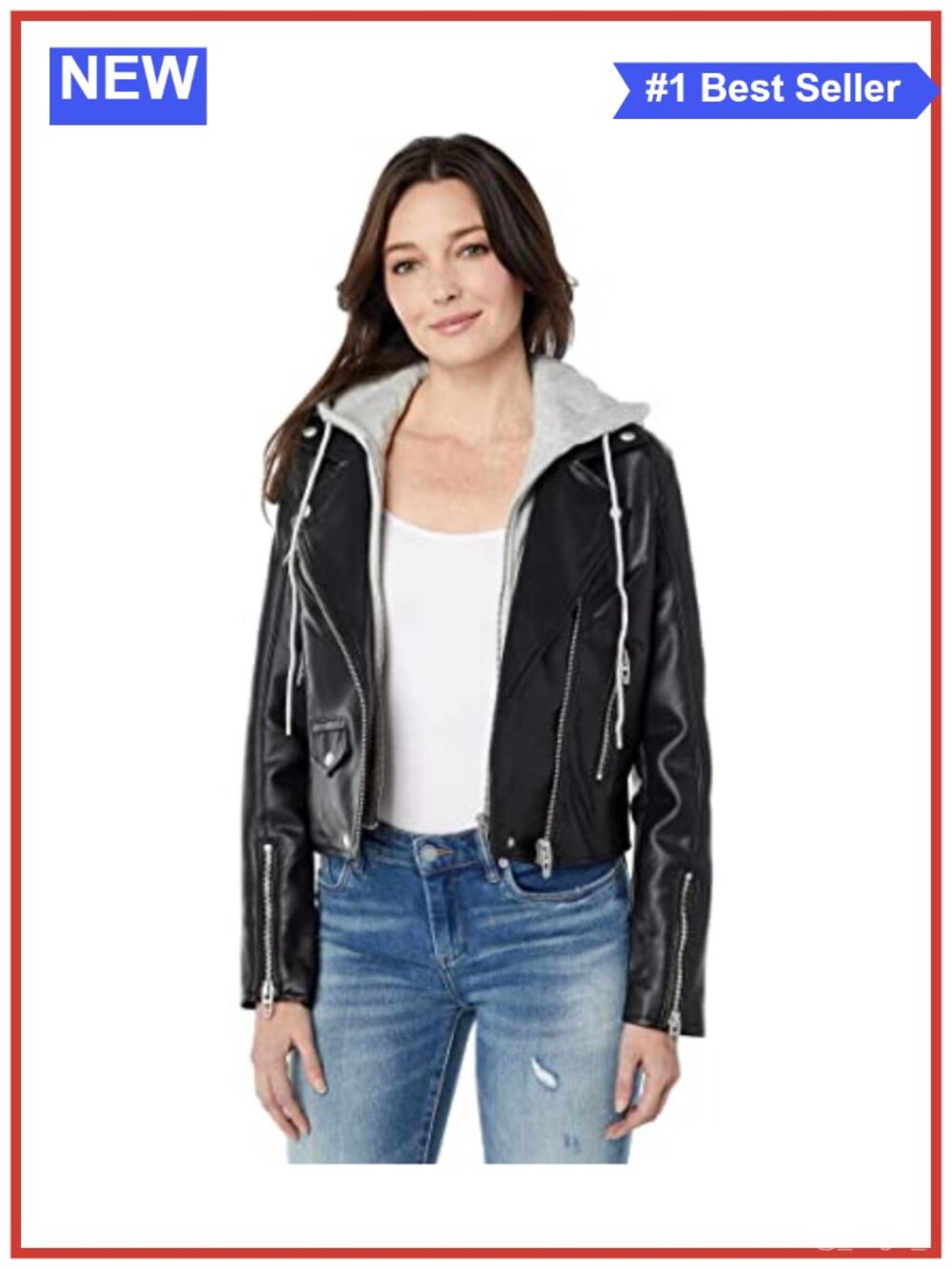 PU Faux Leather Moto Jacket with Removable Hood Aviator Style